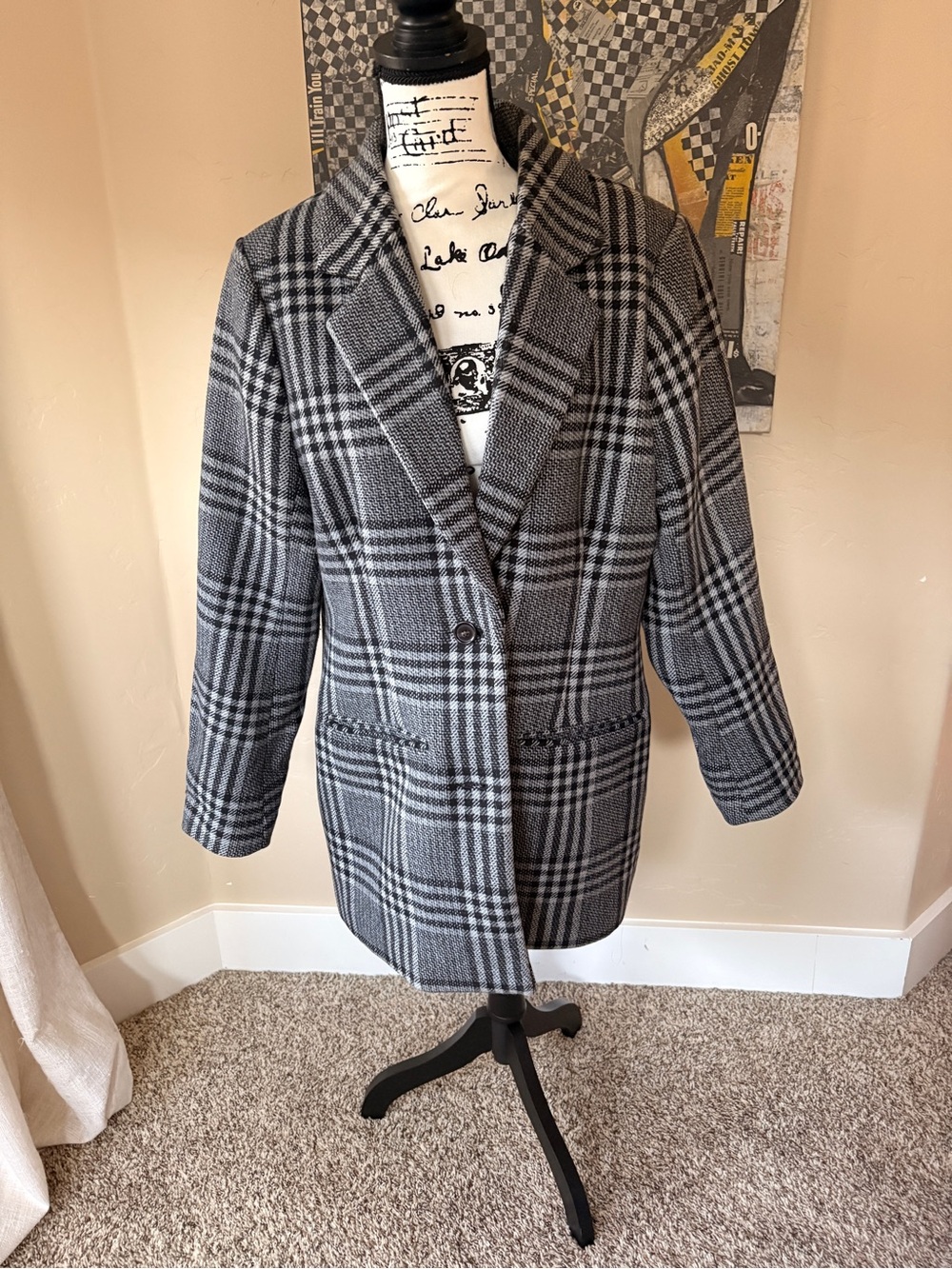 Abercrombie & Fitch Grey Plaid Wool-Blend Coat